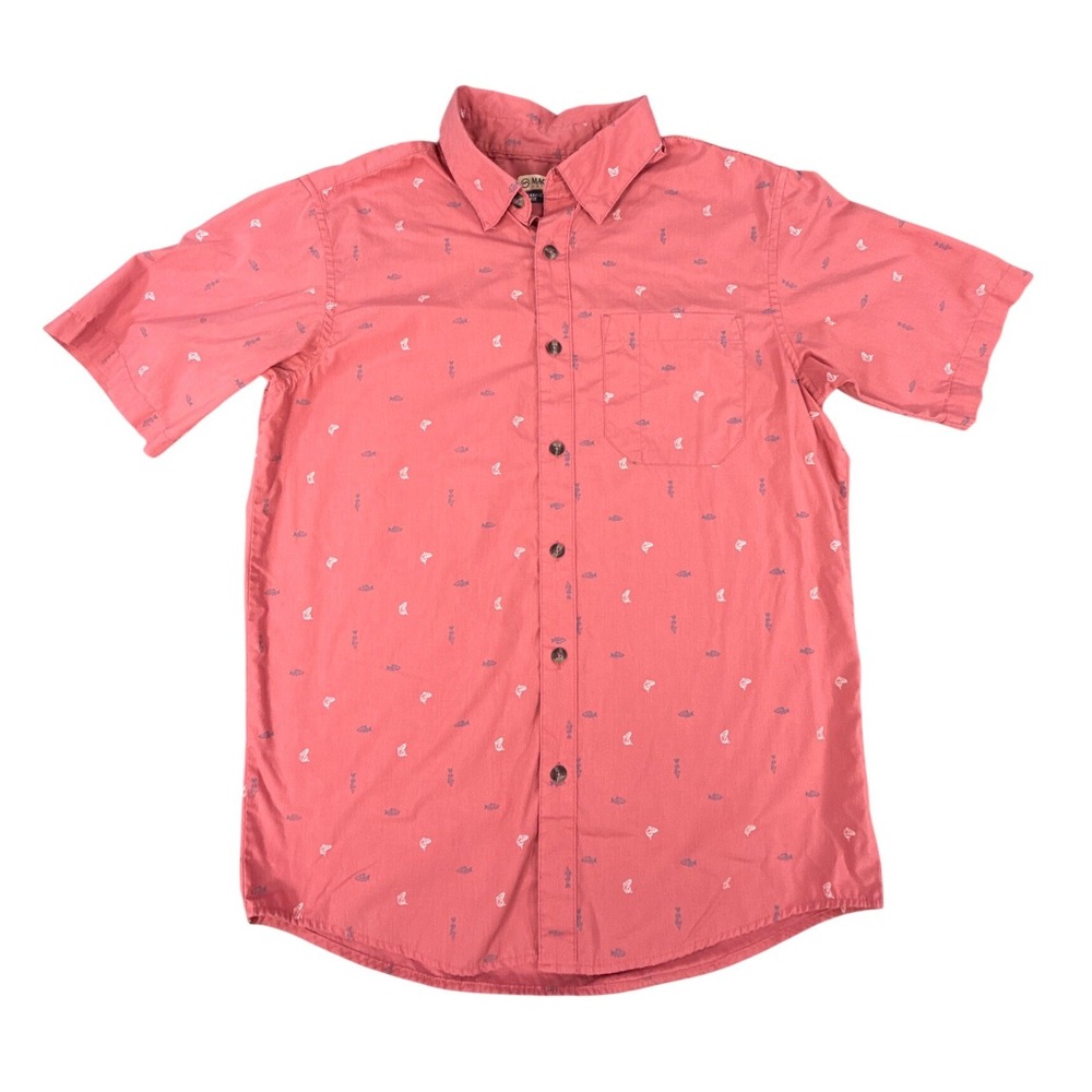 Magellan Outdoors Summerville Mens Small Coral Pink Fish Print Button Down Shirt